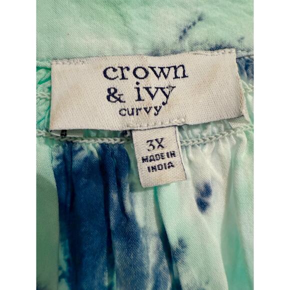 Crown & Ivy 3X Tie-Dye Peasant Tunic Top Blue White Boho Long Sleeve - Picture 2 of 6